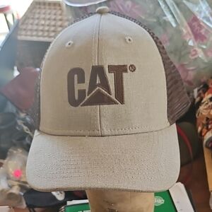 Caterpillar branded trucker-style baseball cap featuring an embroidered CAT logo